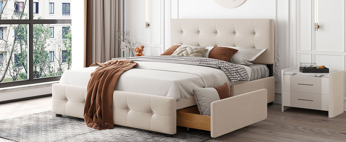 Upholstered Platform Bed with Classic Headboard and 4 Drawers No Box Spring Needed Linen Fabric Queen Size Beige - V.I.P Digital Presence