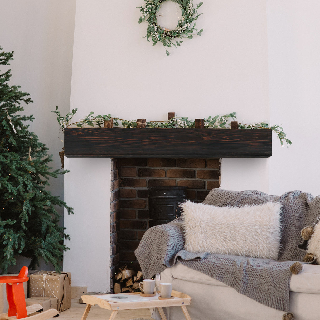 60" Rustic Wood Fireplace Mantel,Wall-Mounted & Floating Shelf for Home Decor Espresso + Solid Wood