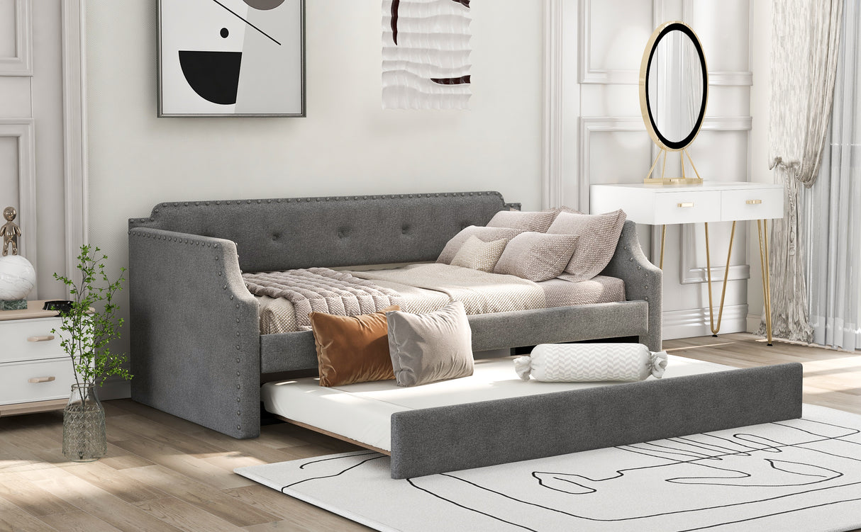 Upholstered Daybed with Trundle, Wood Slat Support,Upholstered Frame Sofa Bed Twin Gray