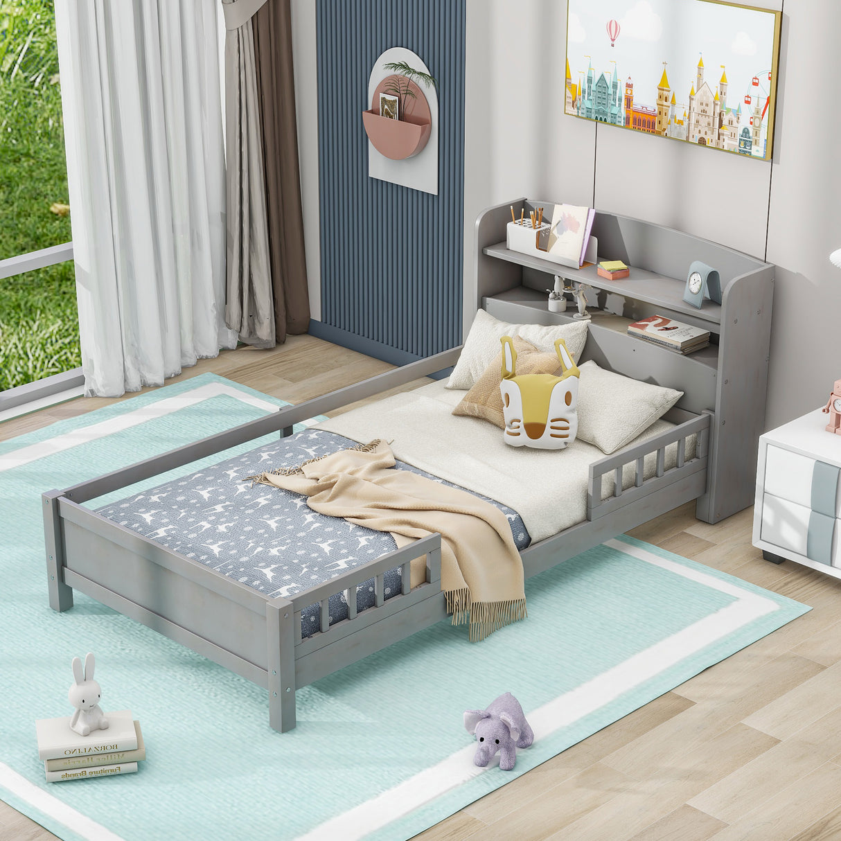 Wood Twin Size Platform Bed with Built-in LED Light Storage Headboard and Guardrail Antique Grey