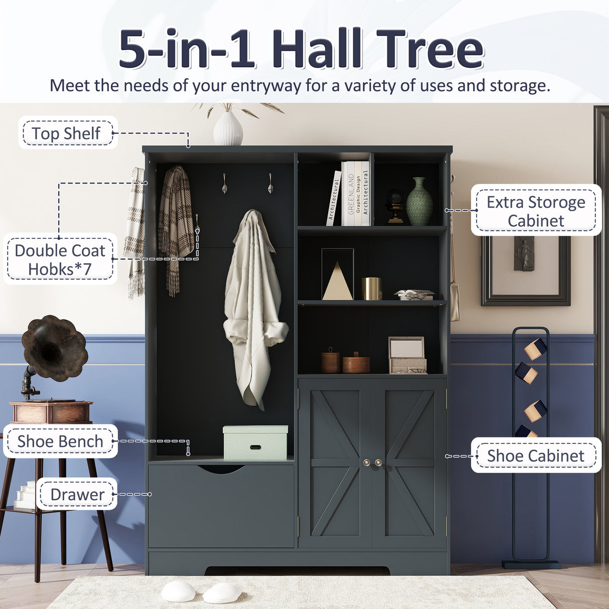 Multi-functional Hall Tree with Storage Shelves Drawers and Cabinet, Elegant Hallway Shoe Cabinet with Bench Antique Blue - V.I.P Digital Presence