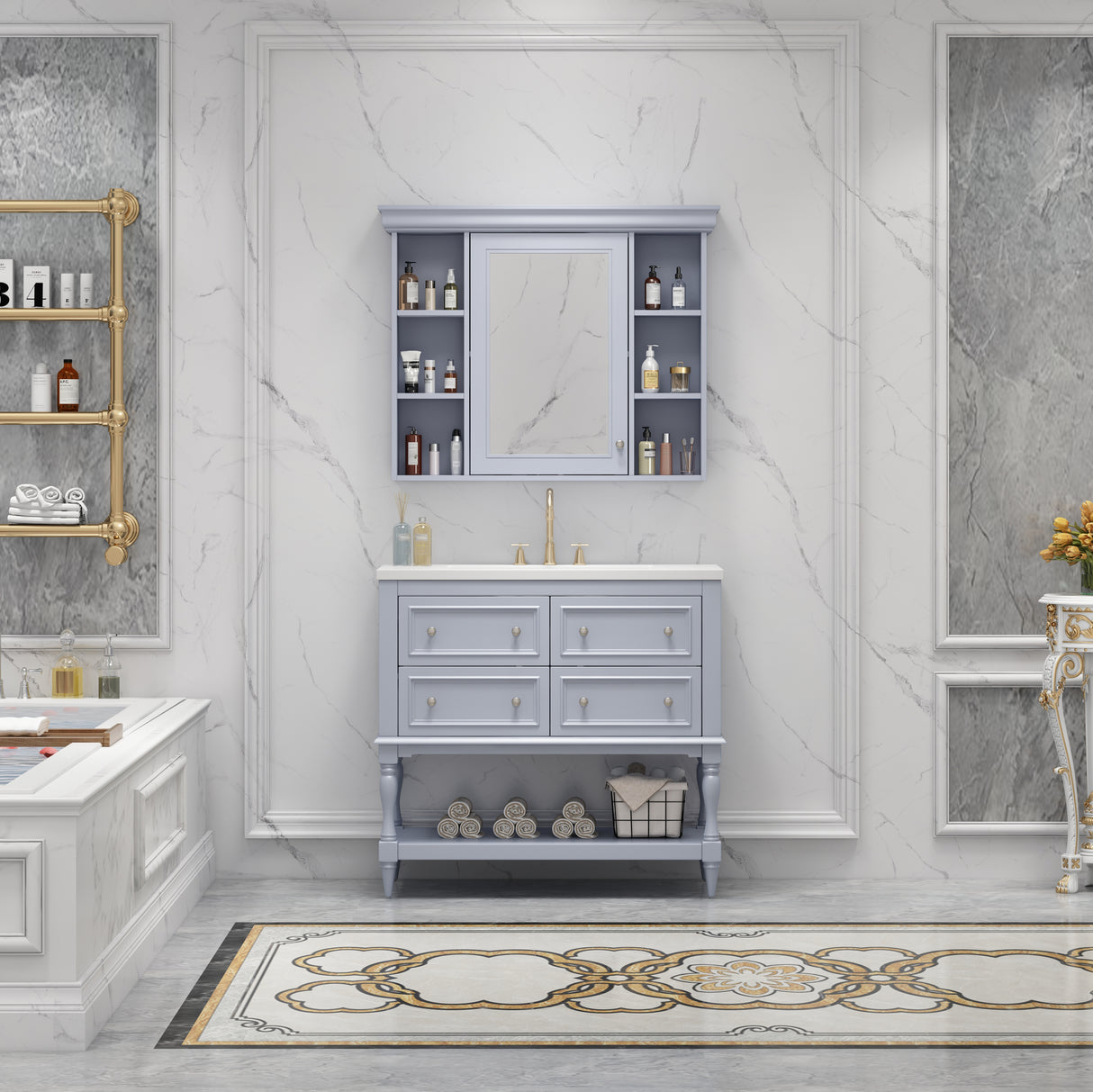 36'' Bathroom Vanity with Medicine Cabinet, Modern Mirror Cabinet with Adjustable Shelf, Bathroom Storage Cabinet with 4 Drawers - V.I.P Digital Presence
