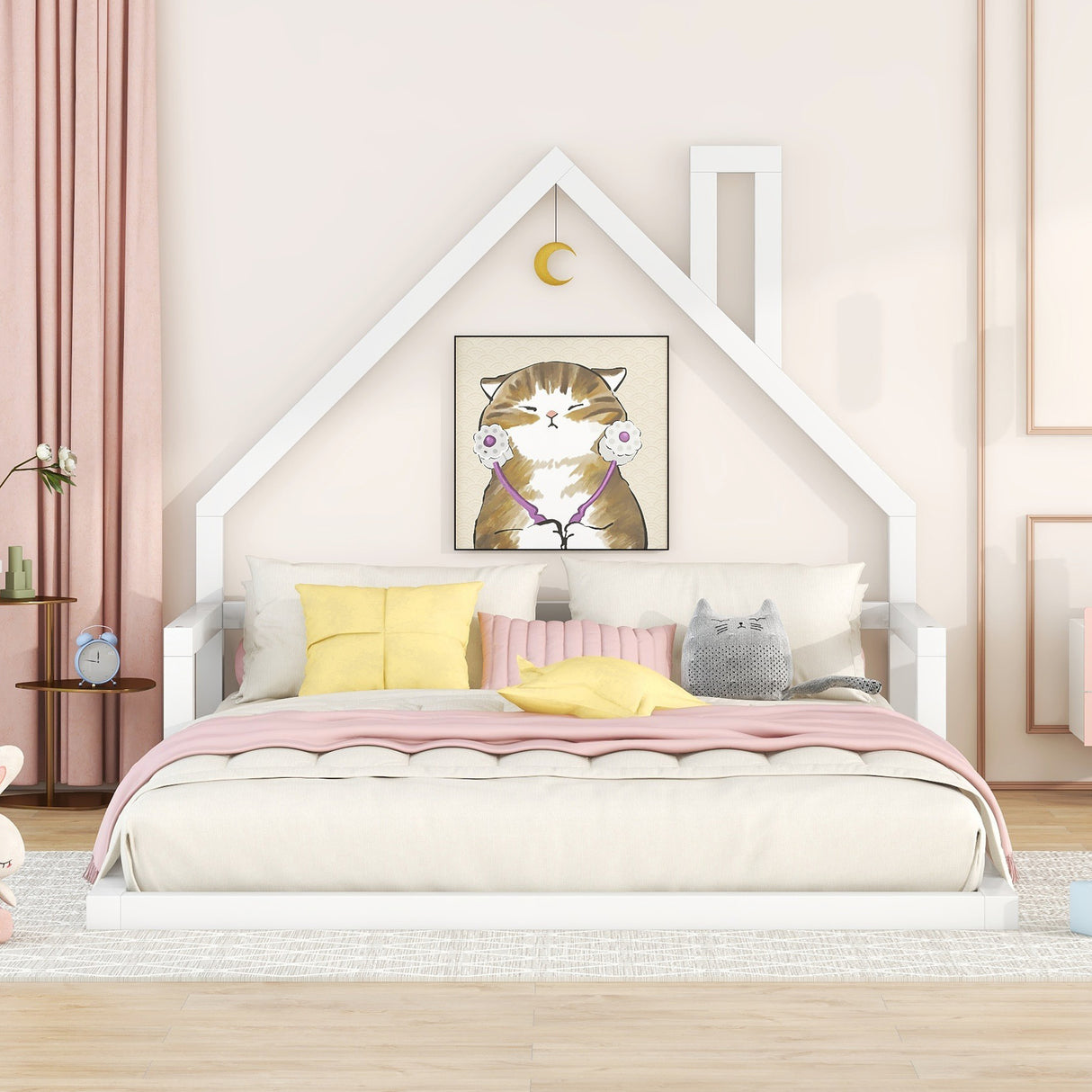 Full Size Wood Floor Bed with House-shaped Headboard White