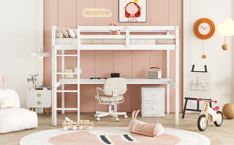Twin Loft Wood Bed with Under-bed, Built-in Desk, a Storage Cabinet of 2 Drawers, Guardrails, Ladder,White - V.I.P Digital Presence