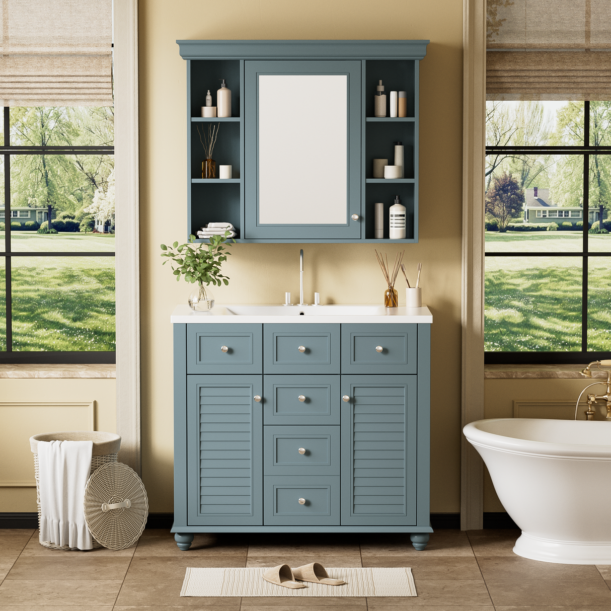 36 inch modern mirror cabinet with adjustable shelves, 2 soft closing doors, and 6 drawer storage cabinet door organizers - V.I.P Digital Presence