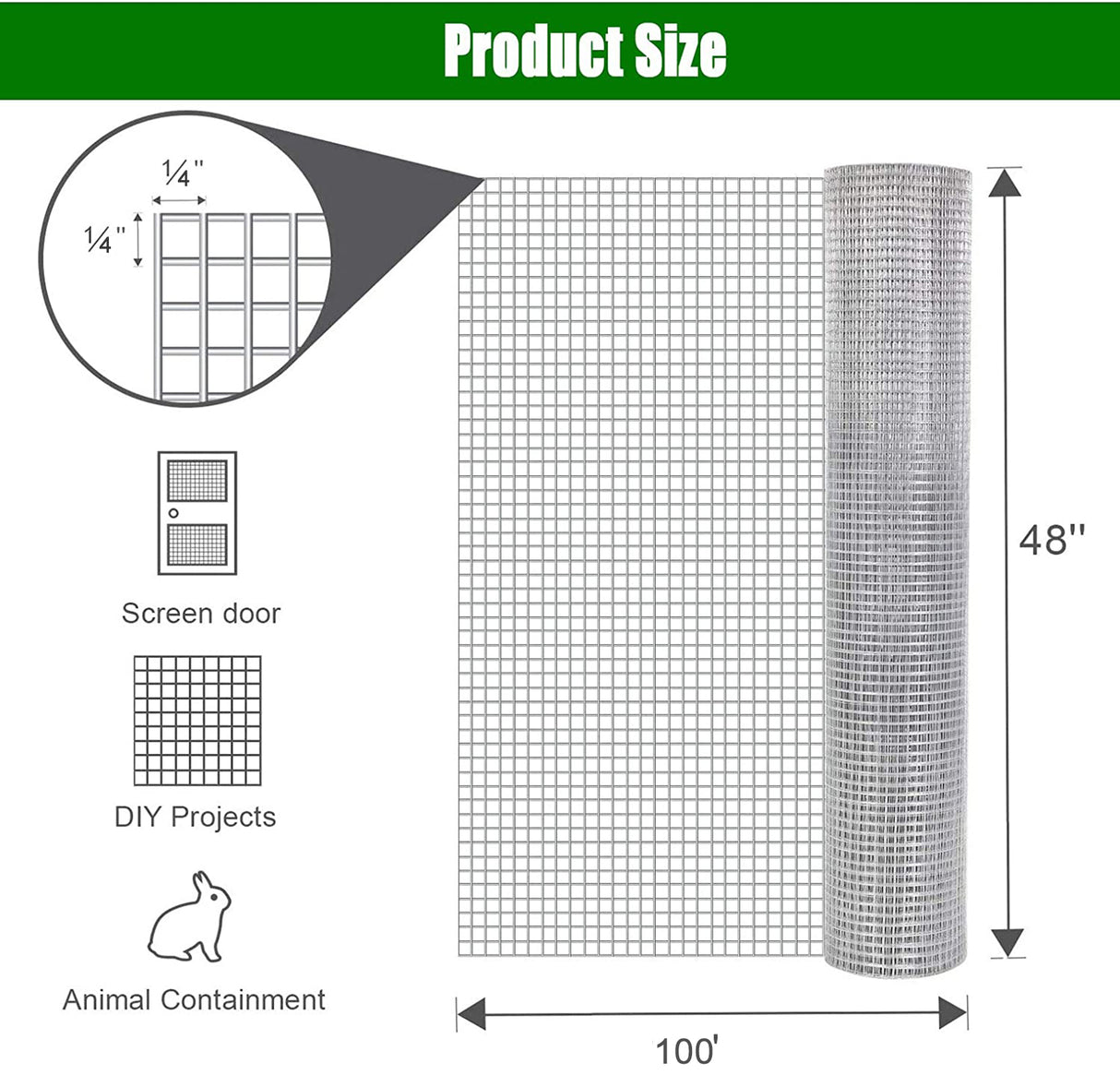 Hardware cloth 1/4 inch 48 inch x 100 foot 23 gauge, hot-dip galvanized welded metal wire fence roll