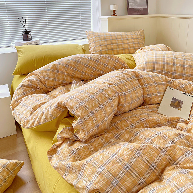 Juego de ropa de cama de algodón lavado teñido de algodón puro de clase A, sábana plana, funda de edredón, sábana ajustable, funda de edredón, juego de tres piezas a rayas