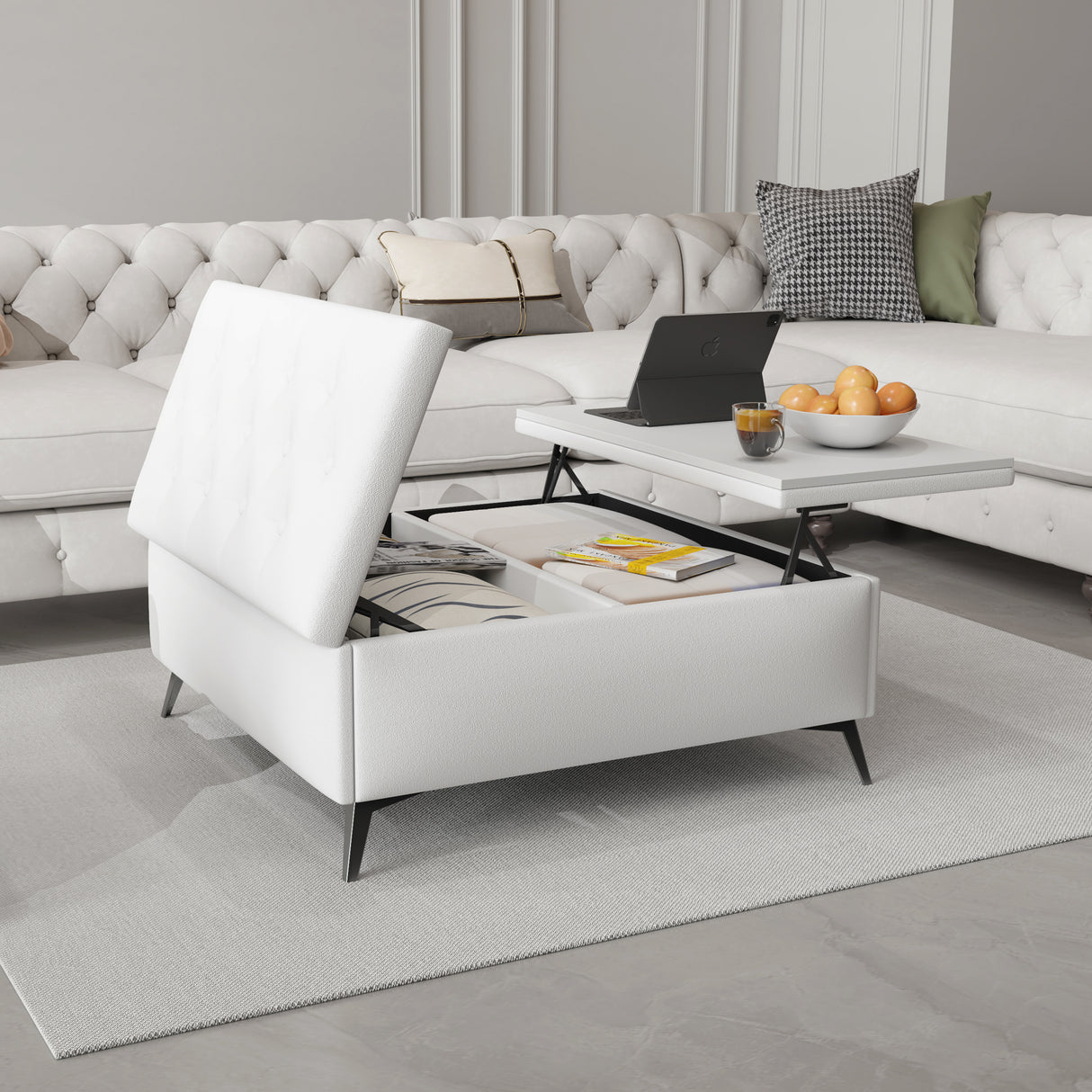 35 inch Wide Square storage benches Coffee Table with Lift Top Oversized Storage Ottoman in Upholstered for Living Room - V.I.P Digital Presence