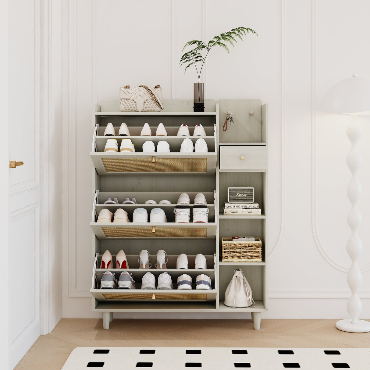 Natural Bohemian style shoe cabinet with 3 rattan flip drawers, 3 square shelves, and 1 storage drawer, white - V.I.P Digital Presence