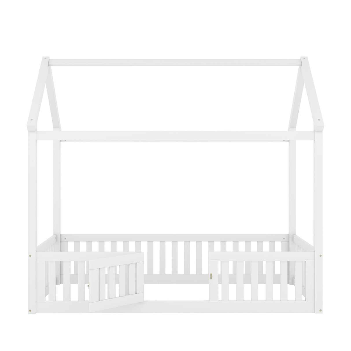 Twin Size Wood House Bed with Fence and Door, White - V.I.P Digital Presence