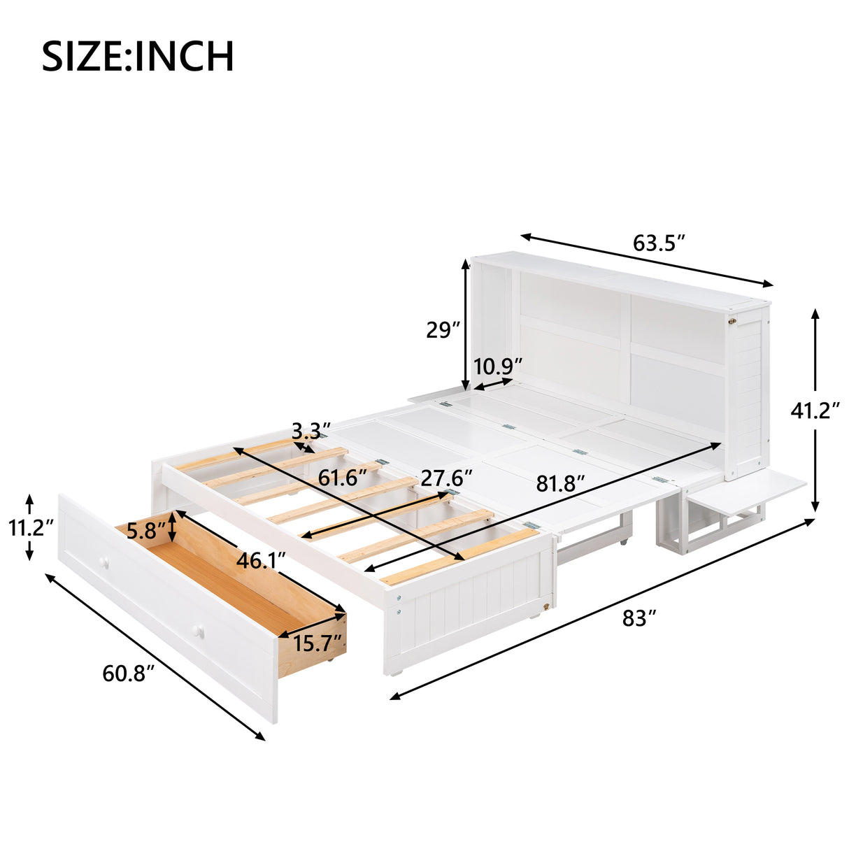 Queen Size Mobile Murphy Bed with Drawer and Little Shelves on Each Side White