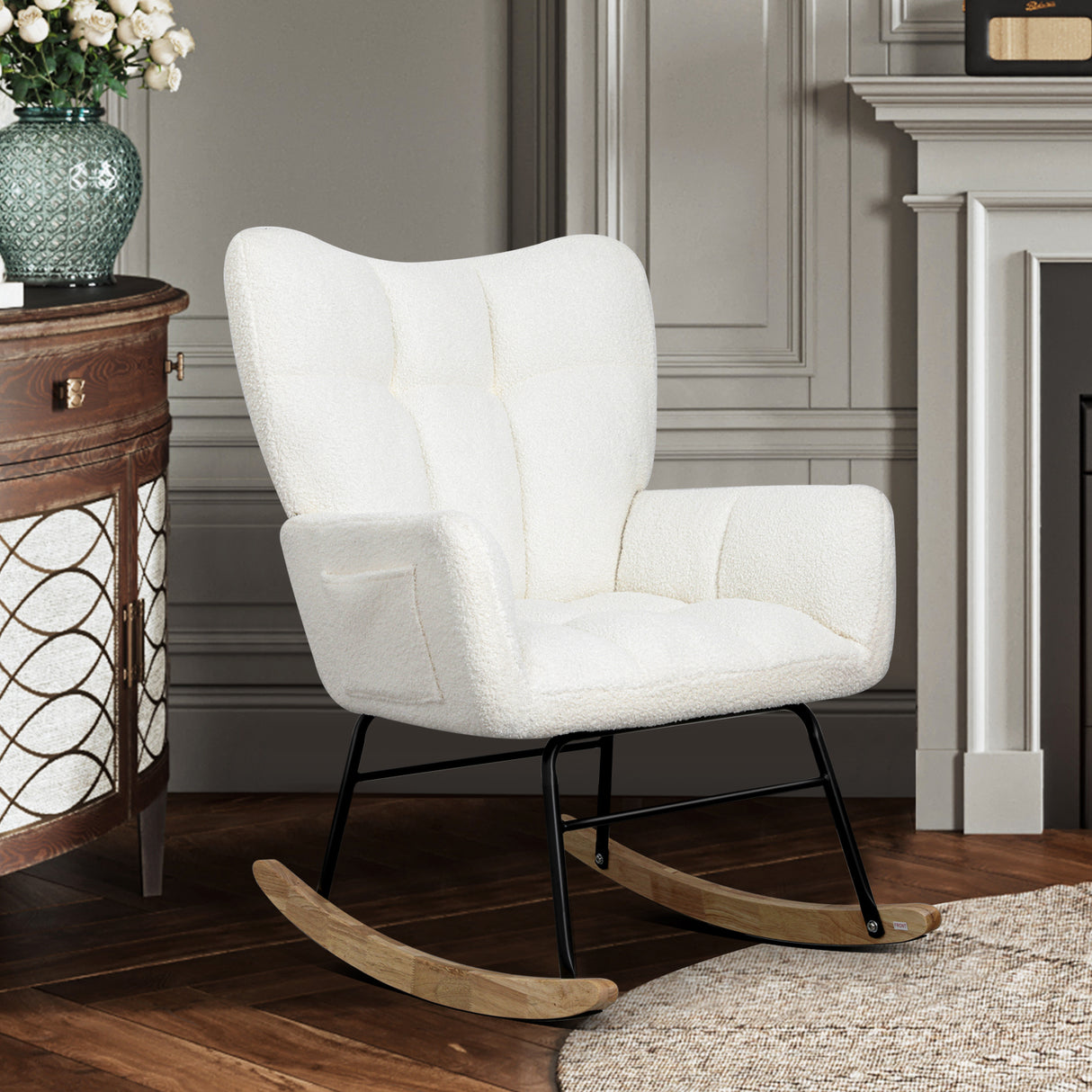 Teddy fabric rocking chair, cushioned rocking chair with high backrest, modern rocking chair, white - V.I.P Digital Presence
