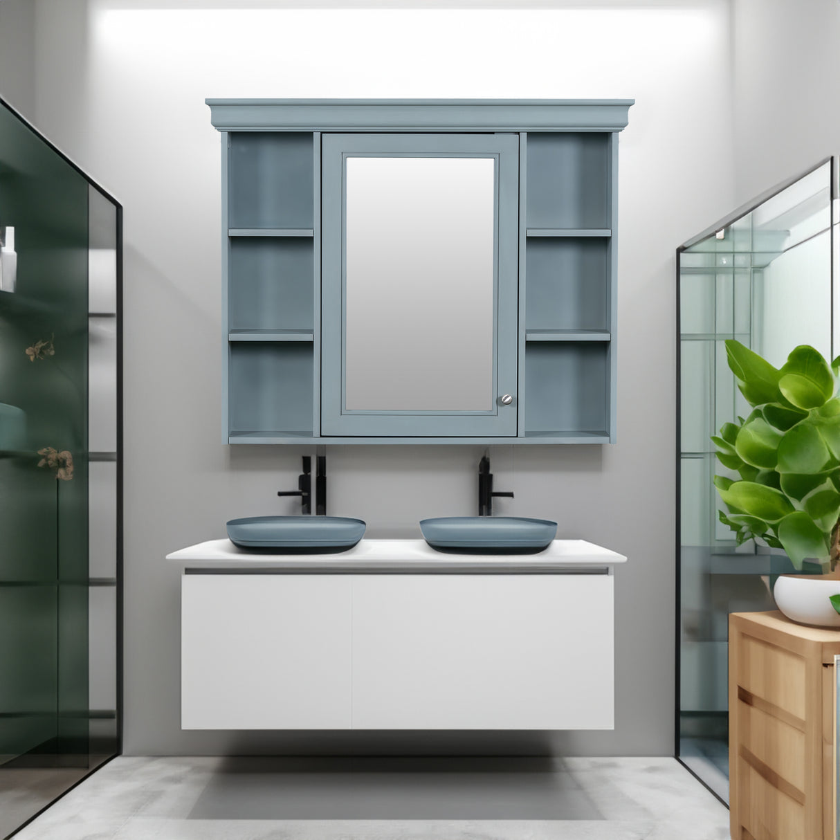 35 ''x 28' 'blue wall mounted bathroom storage cabinet with mirror door and medication cabinet with 6 open shelves - V.I.P Digital Presence