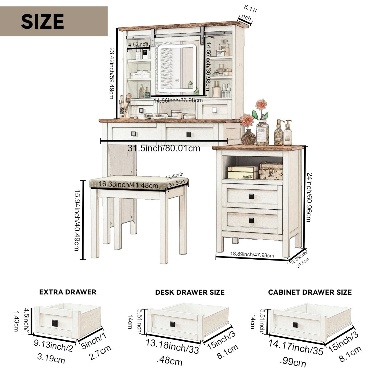 46.5-inch dressing table with adjustable LED lighting mirror and charging station, equipped with soft cushioned stool - V.I.P Digital Presence