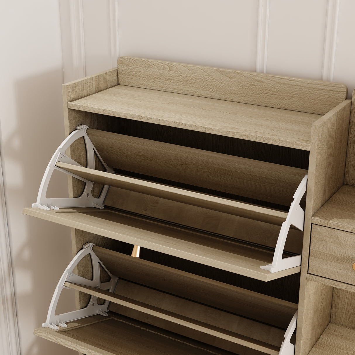 Natural Bohemian style shoe cabinet with 3 rattan flip drawers, 3 square shelves, and 1 storage drawer, Natural - V.I.P Digital Presence