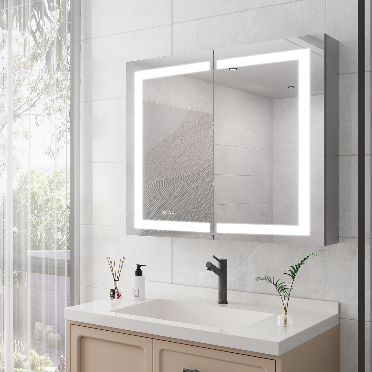 36 x 30 inch Medicine Cabinet with LED Vanity Mirror Anti-Fog Recessed or Surface Mount Waterproof DimmableAluminum 3000K~6000K Lighted Double Door Bathroom Cabinet with Touch Switch - V.I.P Digital Presence