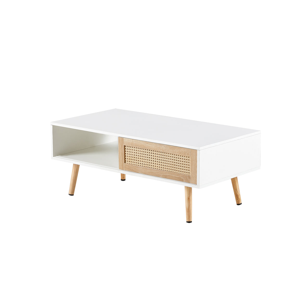 41.34" Rattan Coffee table sliding door for storage solid wood legs White - V.I.P Digital Presence