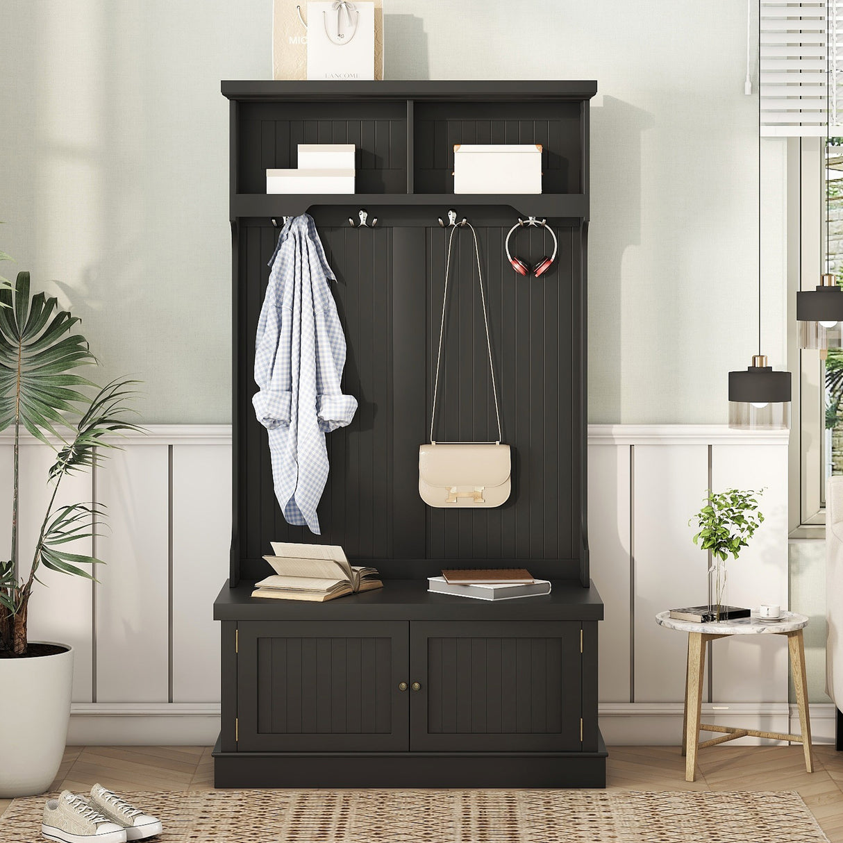 Hall Tree with Storage Shoe Bench for Entryway and Hallway, 4-in-1 Design Coat Racks with 4 Hooks for Living Room, Black - V.I.P Digital Presence