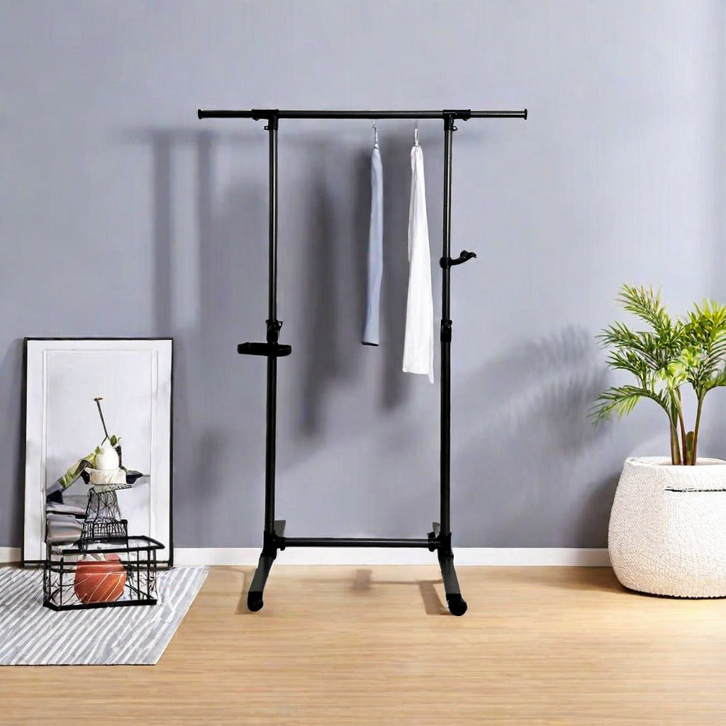 Short clothes hanger with chassis and wheels, heavy-duty rolling clothes hanger, black - V.I.P Digital Presence