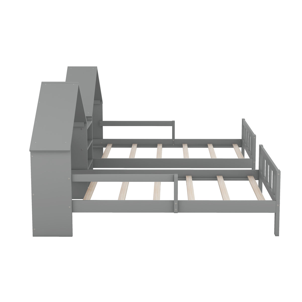 Double Twin Size Platform Bed with House-shaped Headboard and a Built-in Nightstand Grey