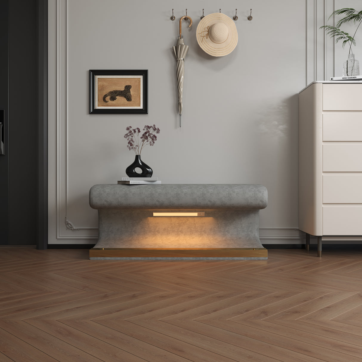 Entryway Bench Leather Upholstered Ottoman with LED sensor light for living room ,bedroom,end of bed - V.I.P Digital Presence