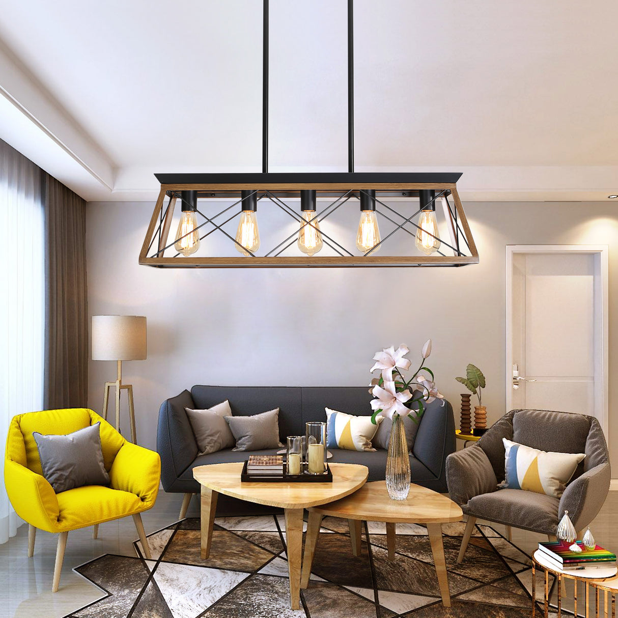 Farmhouse Chandeliers With 5 Bulbs For Dining Room Walnut - V.I.P Digital Presence