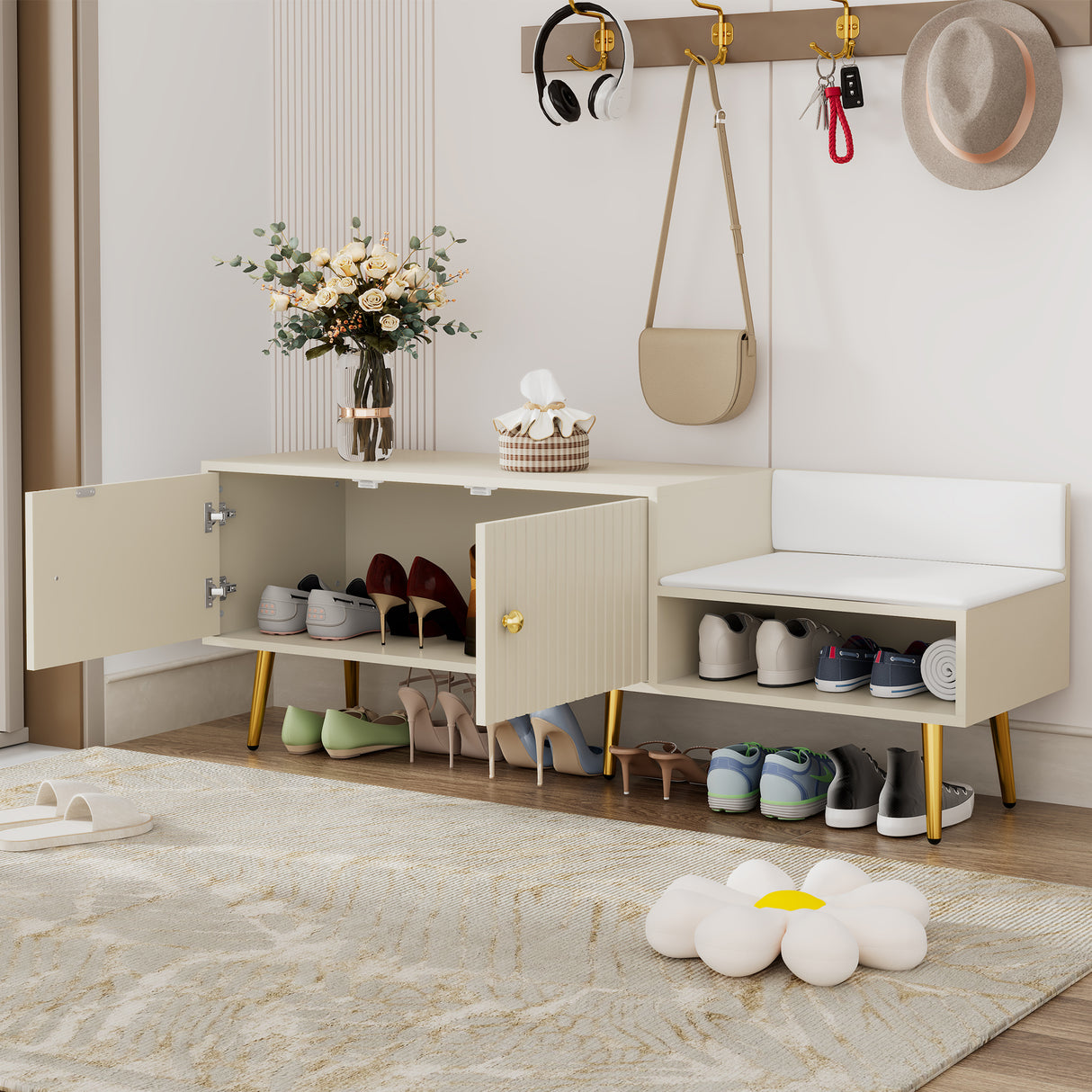 Modern Shoe Storage Bench with Hidden Storage and Upholstered Cushions for Bedside, Living Room and Entryway ((Antique White) - V.I.P Digital Presence
