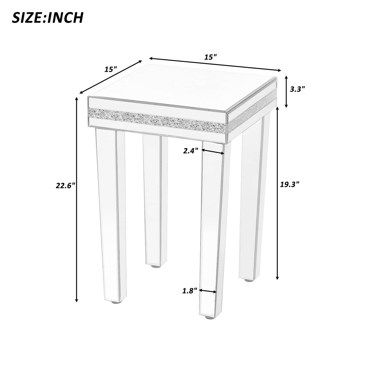 ON-TRANS glass mirror edge table, easy to assemble crystal design and adjustable height leg edge table, silver - V.I.P Digital Presence