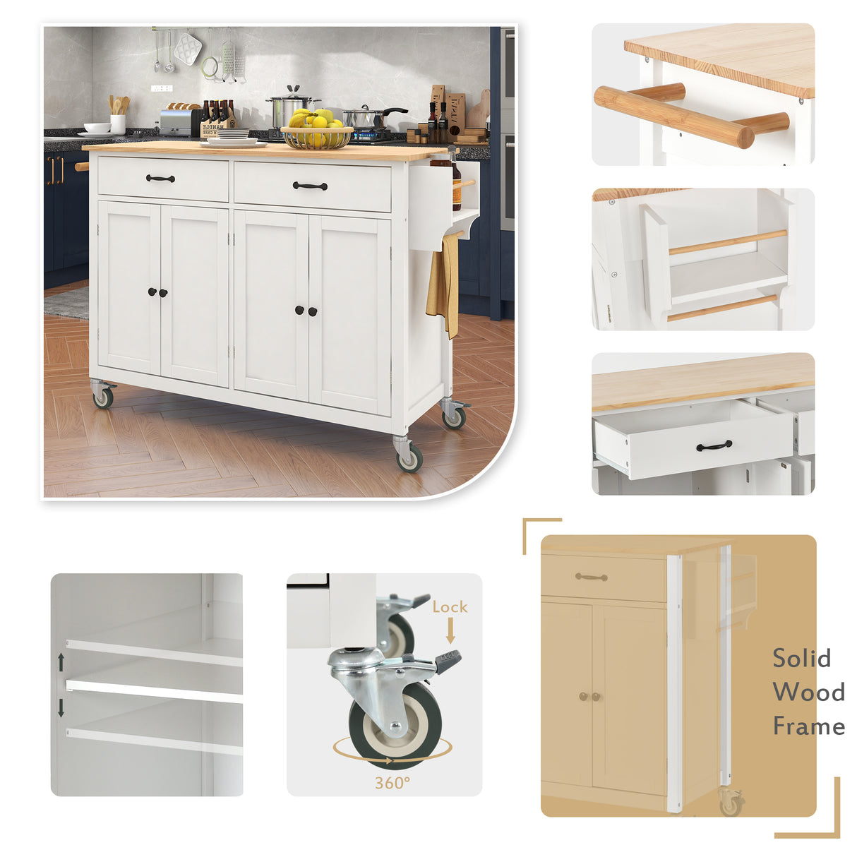 Kitchen Island Cart with Solid Wood Top and Locking Wheels 54.3 Inch Width (White)