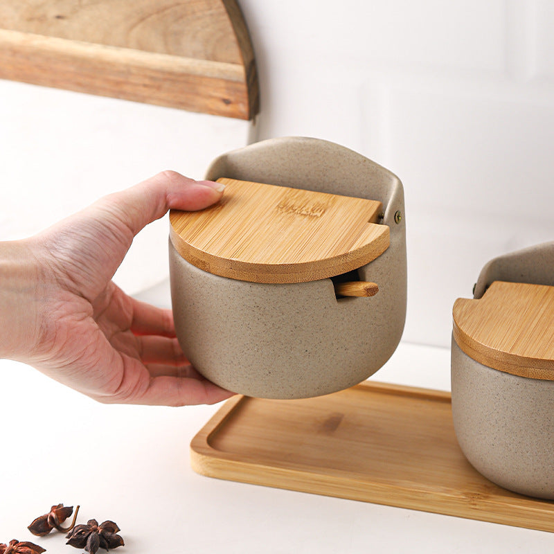Japanese Ceramic Bamboo and Wood Lid Seasoning Jar Seasoning Box Kitchen Seasoning Storage Jar Salt Sugar Jar Set - V.I.P Digital Presence