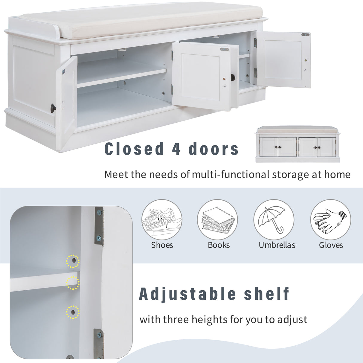 TREXM storage table with 4 adjustable doors and shelves, detachable padded shoe stand (white) - V.I.P Digital Presence