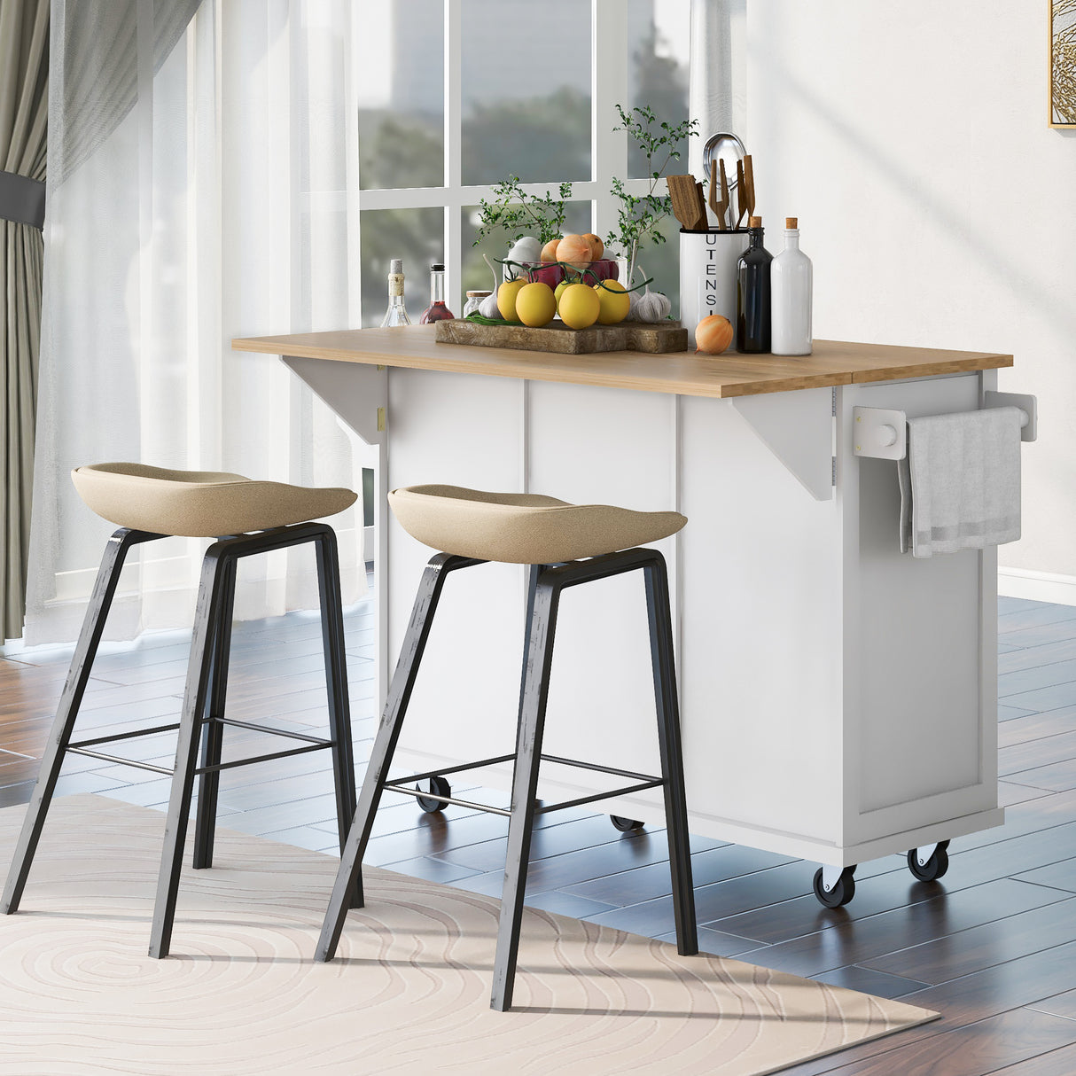 Kitchen trolley with rubber wood leaf countertop, 5-wheel kitchen island, storage cabinet and 3 dining drawers, white - V.I.P Digital Presence