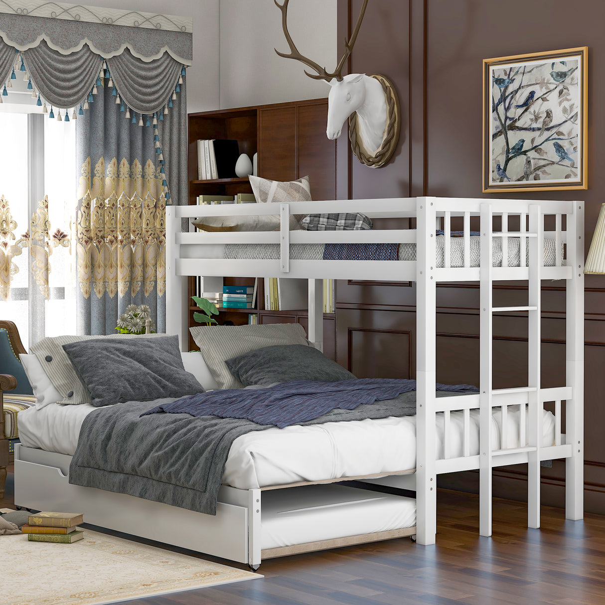 Twin over Pull-out Bunk Bed with Trundle White