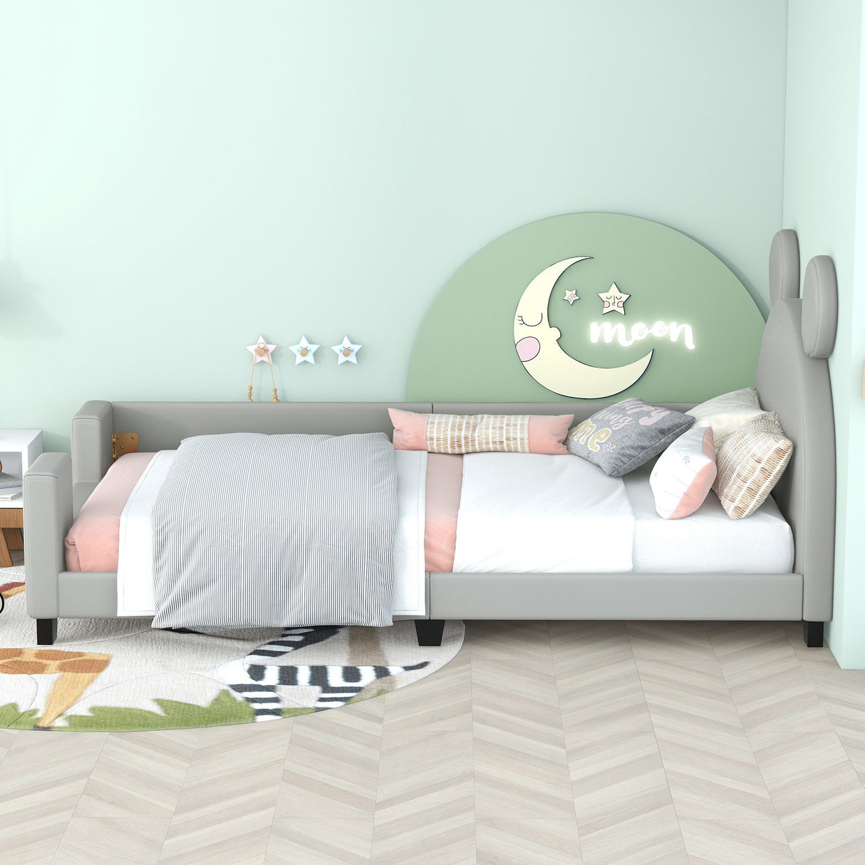 Twin Size Upholstered Daybed with Carton Ears Shaped Headboard Grey