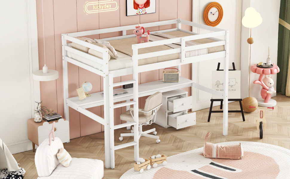 Twin Loft Wood Bed with Under-bed, Built-in Desk, a Storage Cabinet of 2 Drawers, Guardrails, Ladder,White - V.I.P Digital Presence