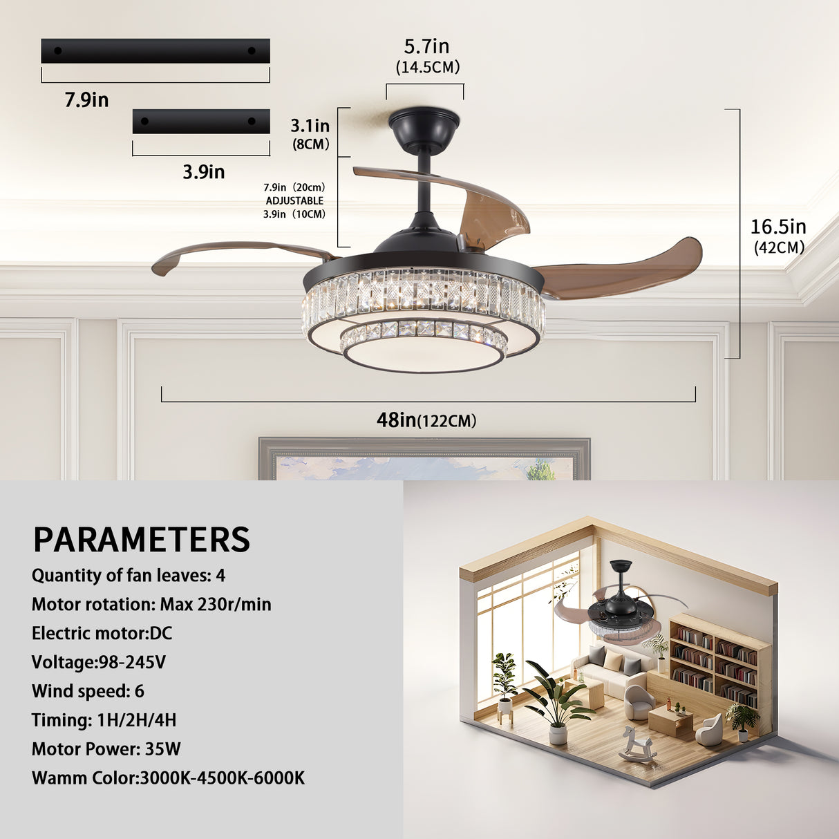 Modern LED retractable ceiling fan with lighting and remote control, silent reversible motor, 4-blade modern ceiling fan - V.I.P Digital Presence
