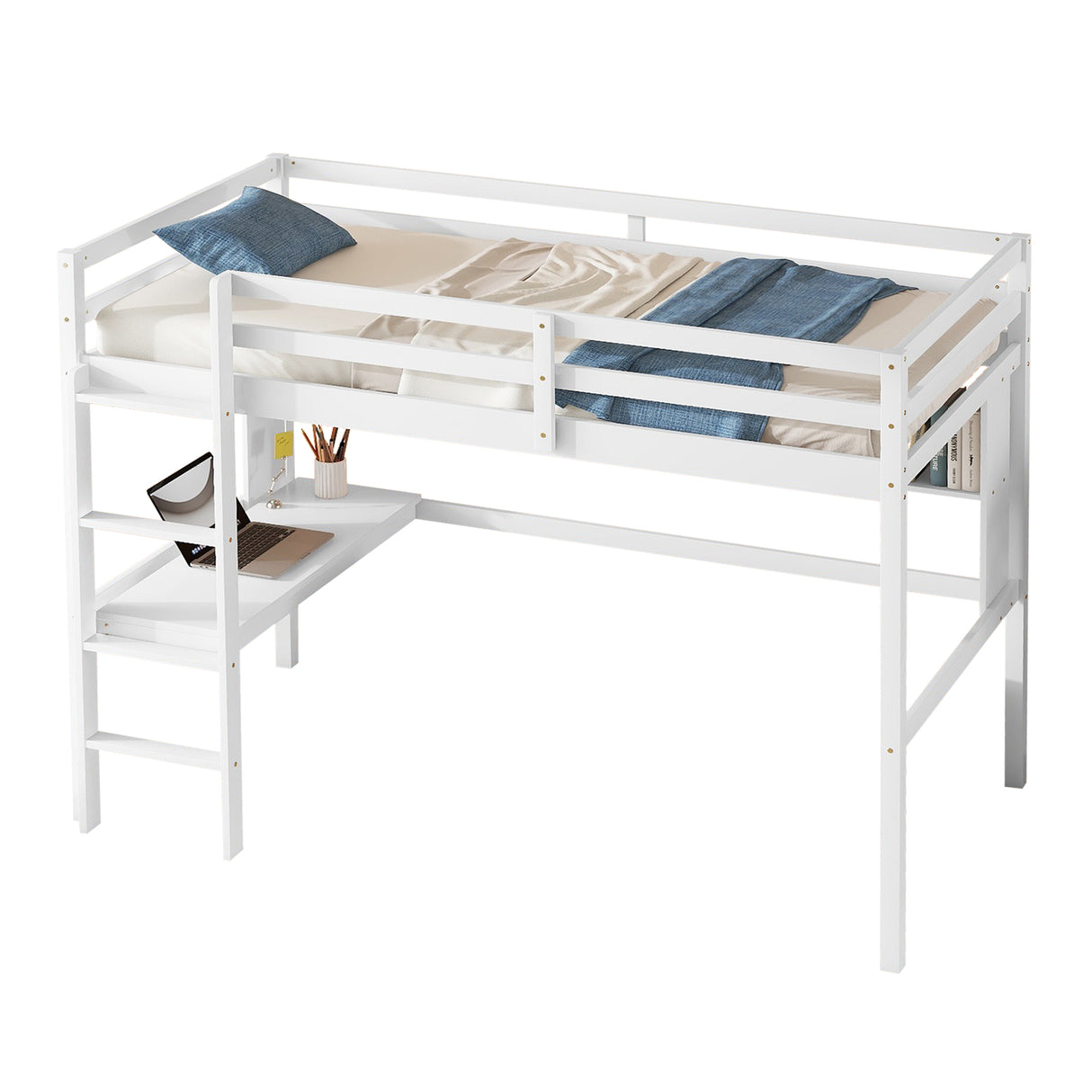 Twin Loft Bed with built-in desk and bookcase of three compartments, Guardrails and Ladder,White - V.I.P Digital Presence
