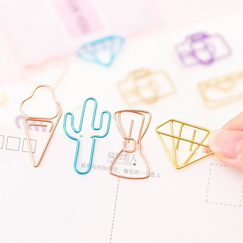 10 piezas/paquete de mini clips de papel con forma de estrella de cactus y helado, clips de carpeta transparentes de metal para papelería kawaii, fotos, tickets, notas y cartas.