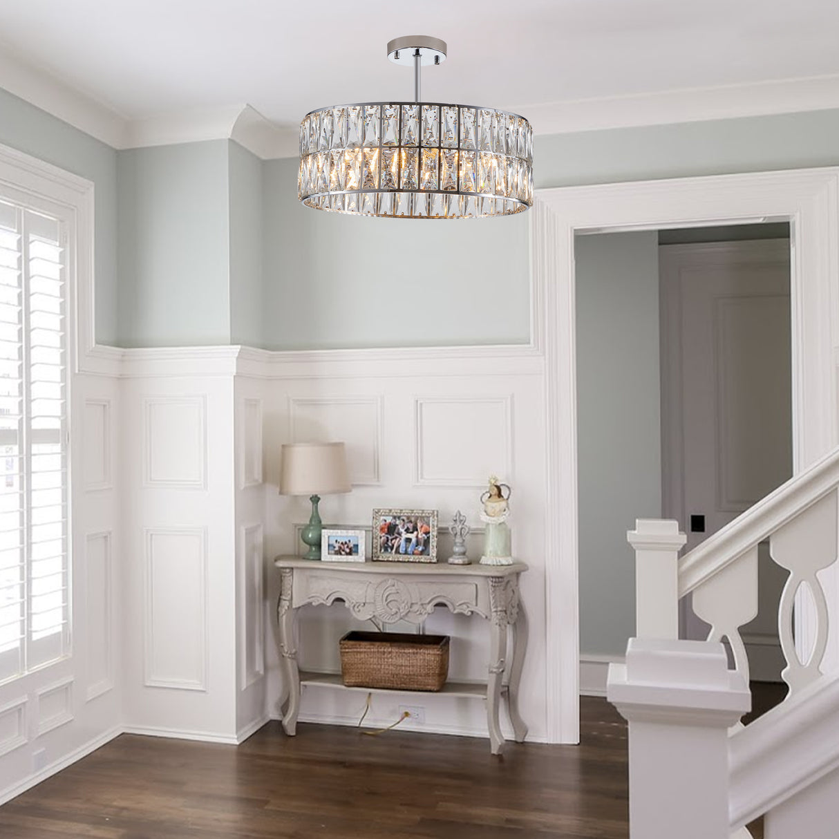 Modern crystal drum pendant light, 6-light pendant light, with silver metal frame (excluding light bulb) - V.I.P Digital Presence