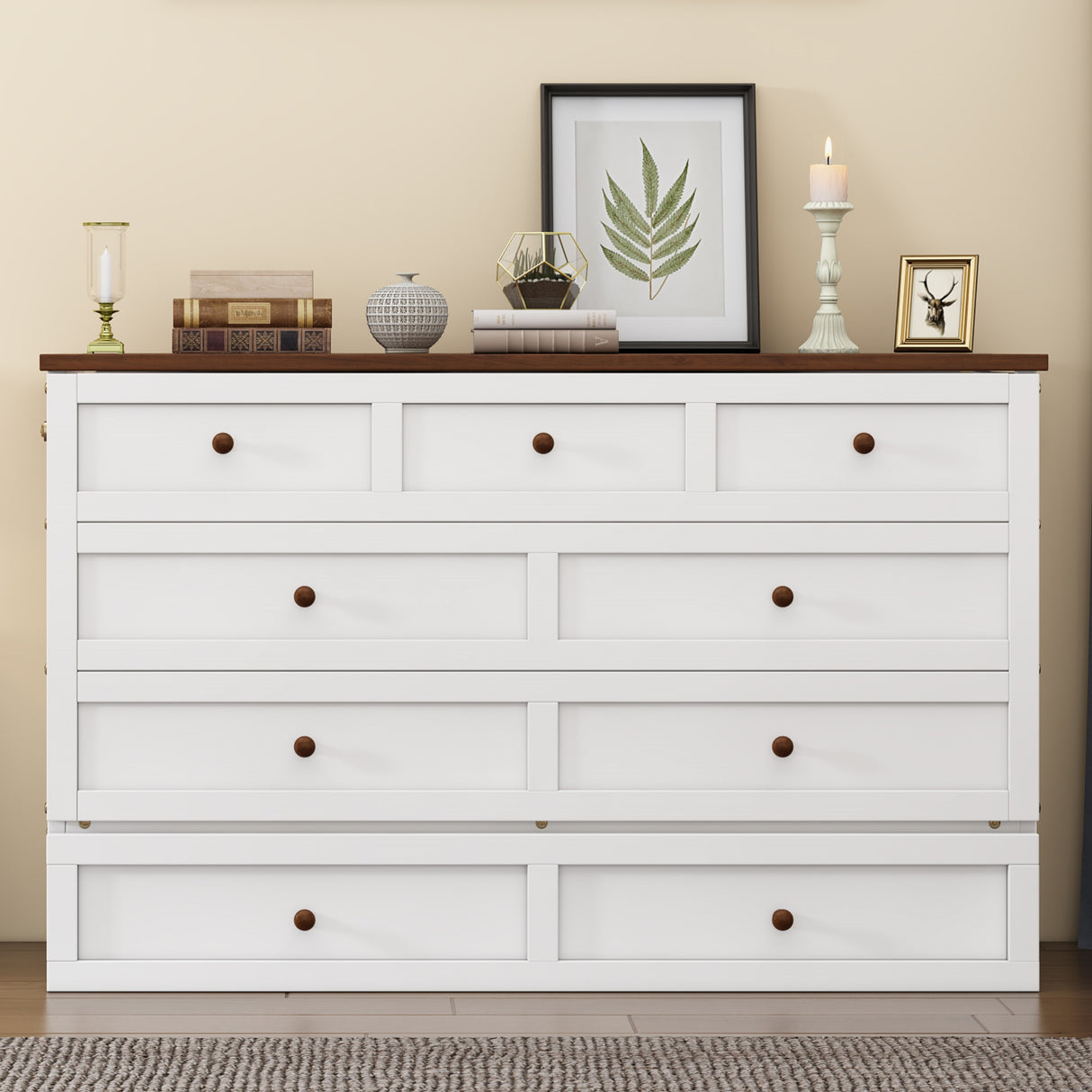 Solid Pine Murphy Bed Chest with Charging Station and Large Storage Drawer for Home Office or Small Room , Queen, White+Walnut - V.I.P Digital Presence