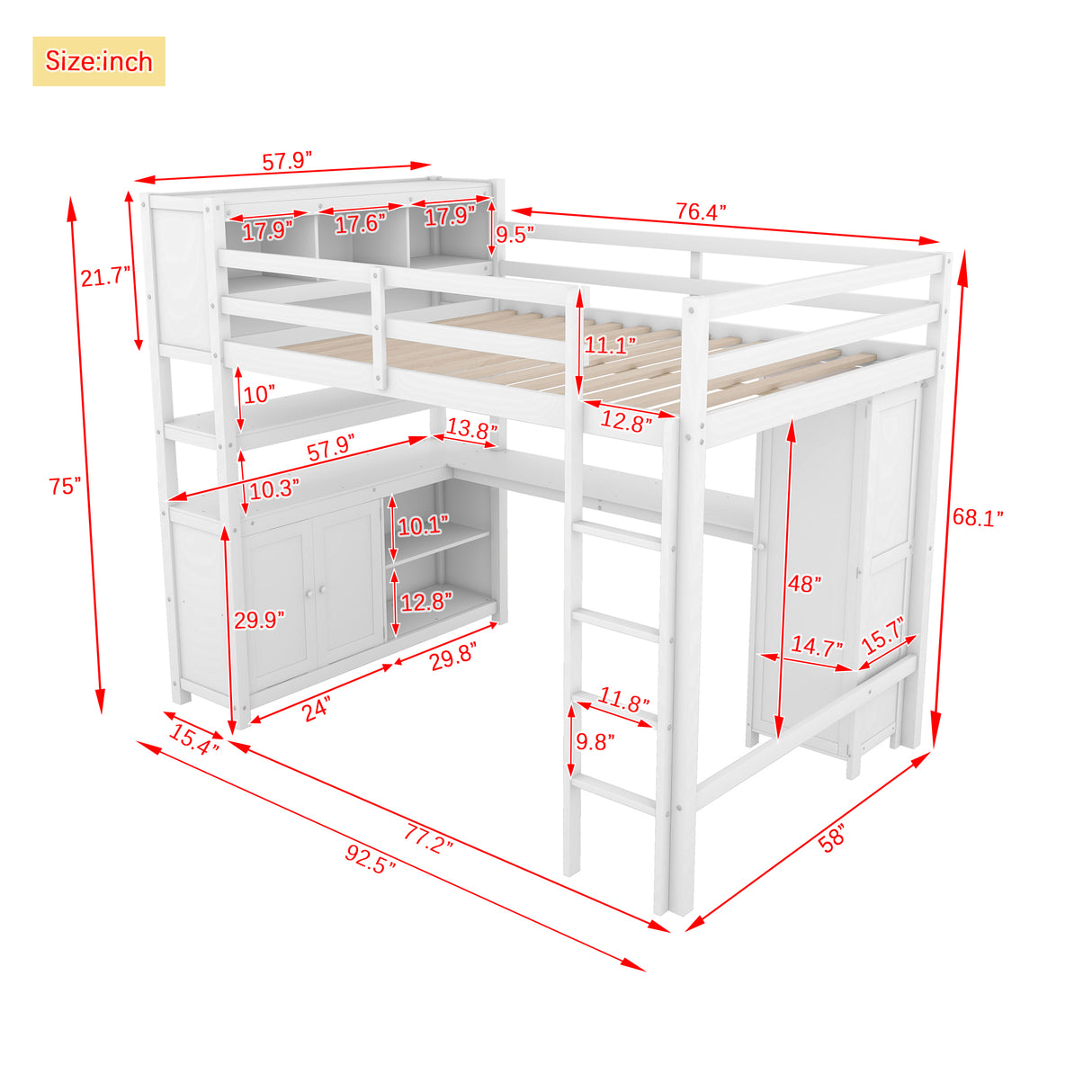 Wood Loft Bed with Cabinet and Bookshelf, Full Size Loft with Wardrobe and Desk for Kids,White - V.I.P Digital Presence