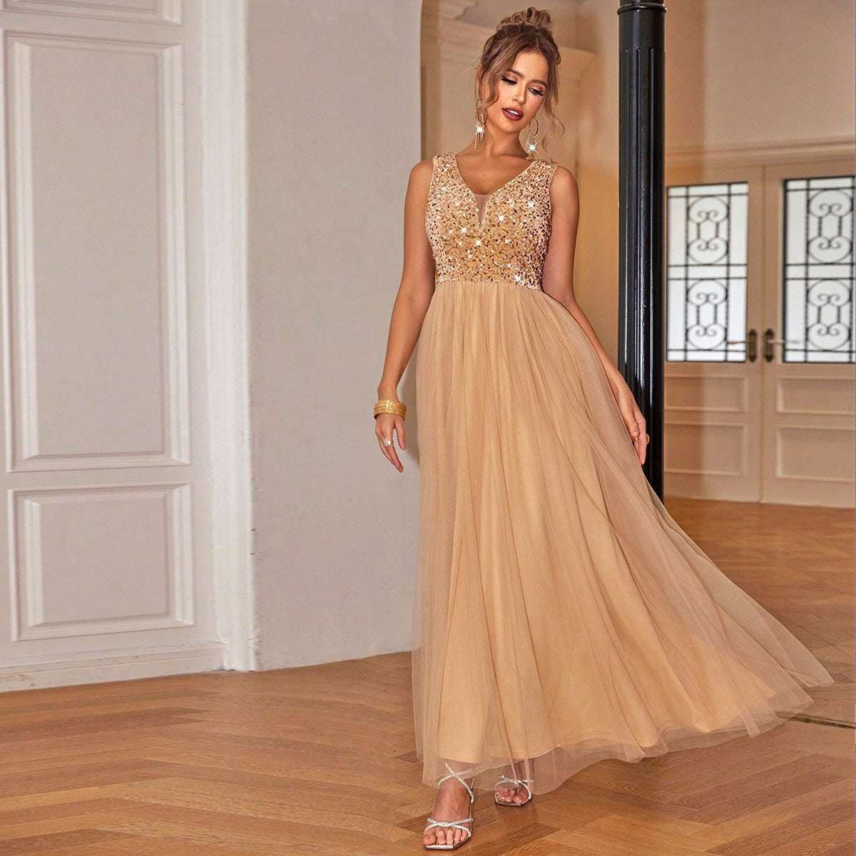 ElegantStyle Sexy Sleeveless Women's Shiny Mesh Splicing Swing Dress - V.I.P Digital Presence