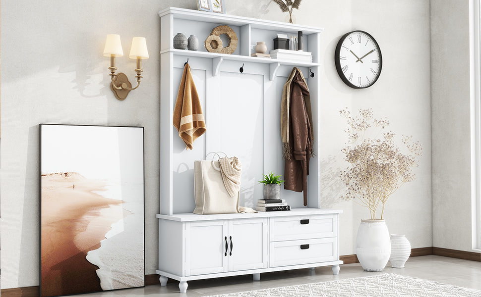 ON-TREND Modern Style Hall Tree with Storage Cabinet and 2 Large Drawers, Widen Mudroom Bench with 5 Coat Hooks, White - V.I.P Digital Presence