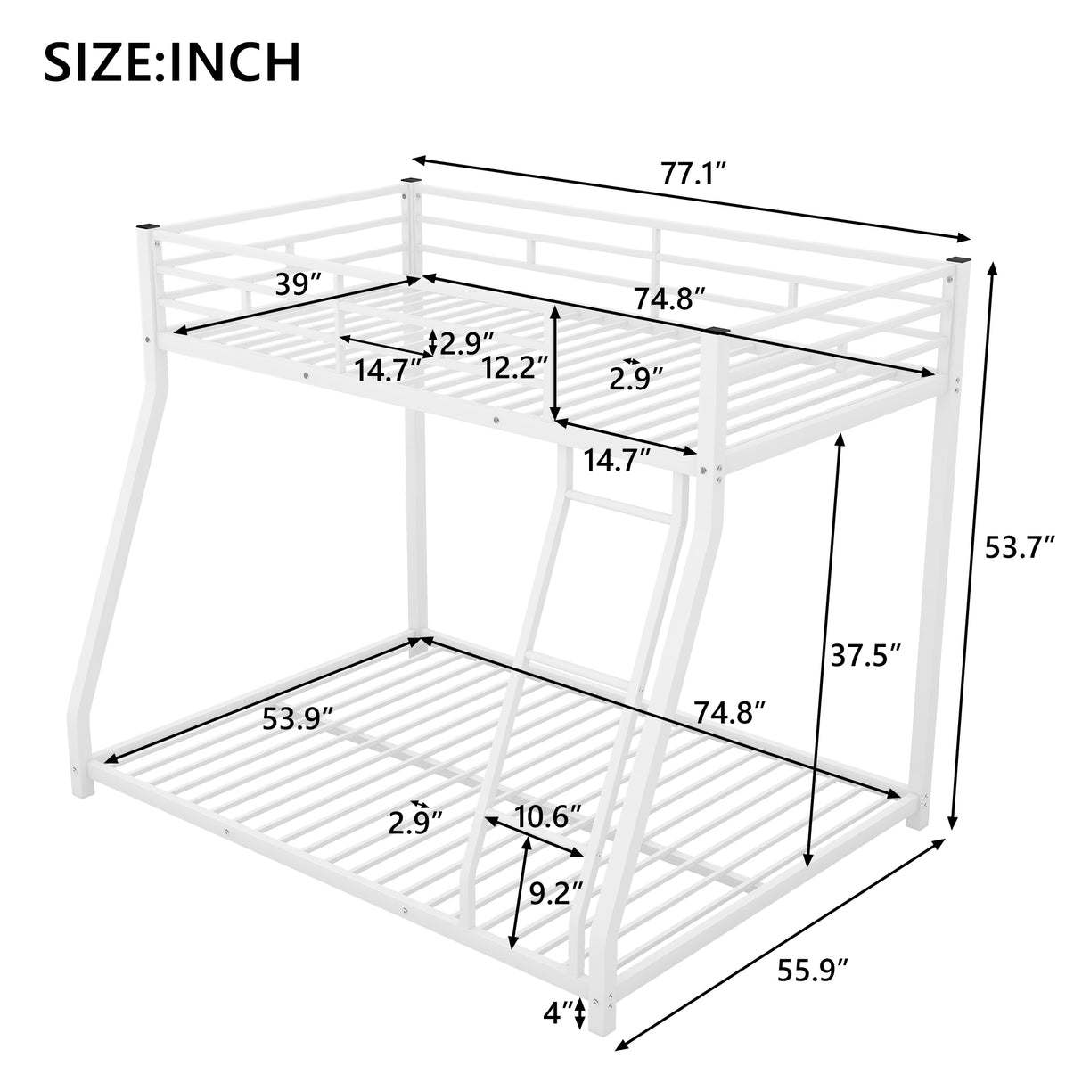 Metal Floor Bunk Bed Twin over Full White