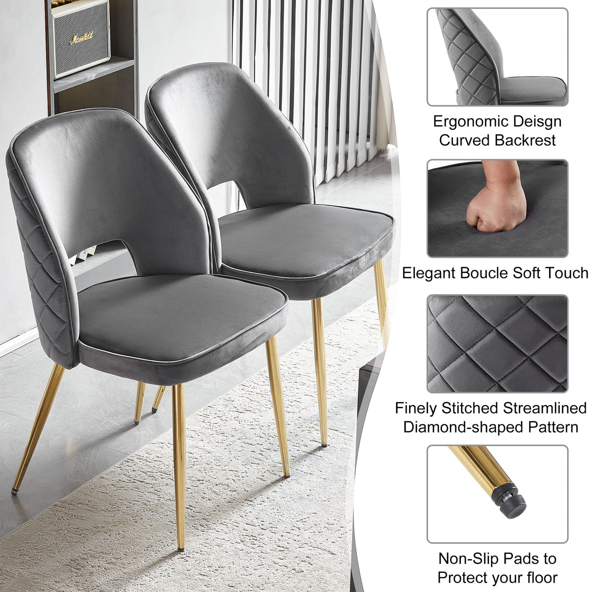 Gray Velvet Dining Chairs with Metal Legs and Hollow Back Upholstered Dining Chairs Set of 4 - V.I.P Digital Presence