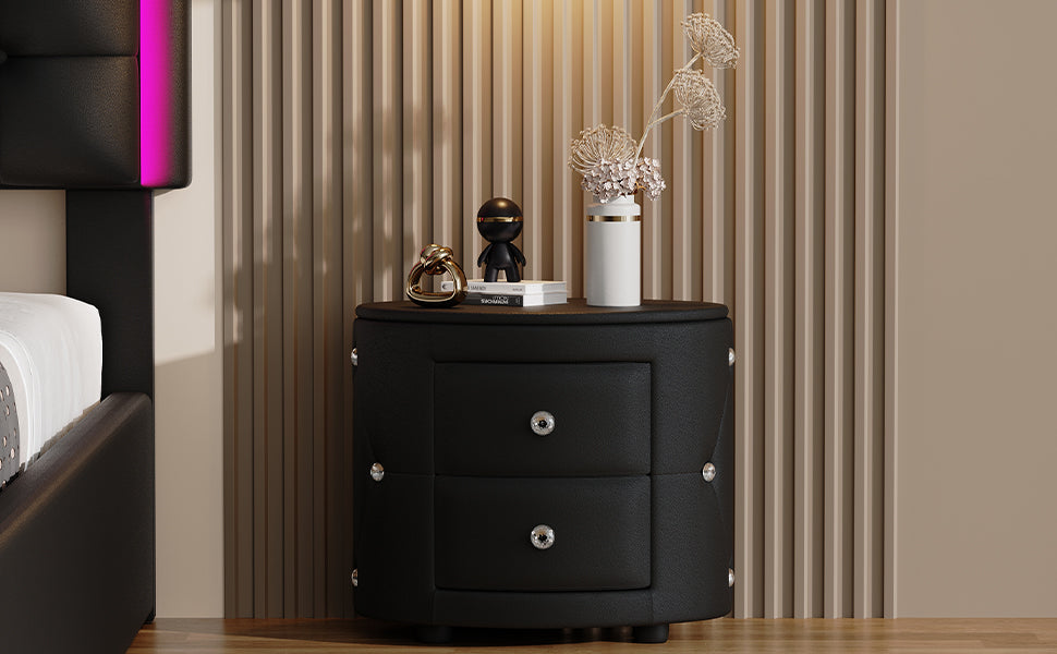 Elegant PU Nightstand with 2 Drawers and Crystal Handle,Fully Assembled Except Legs&Handles,Storage Bedside Table - Black - V.I.P Digital Presence