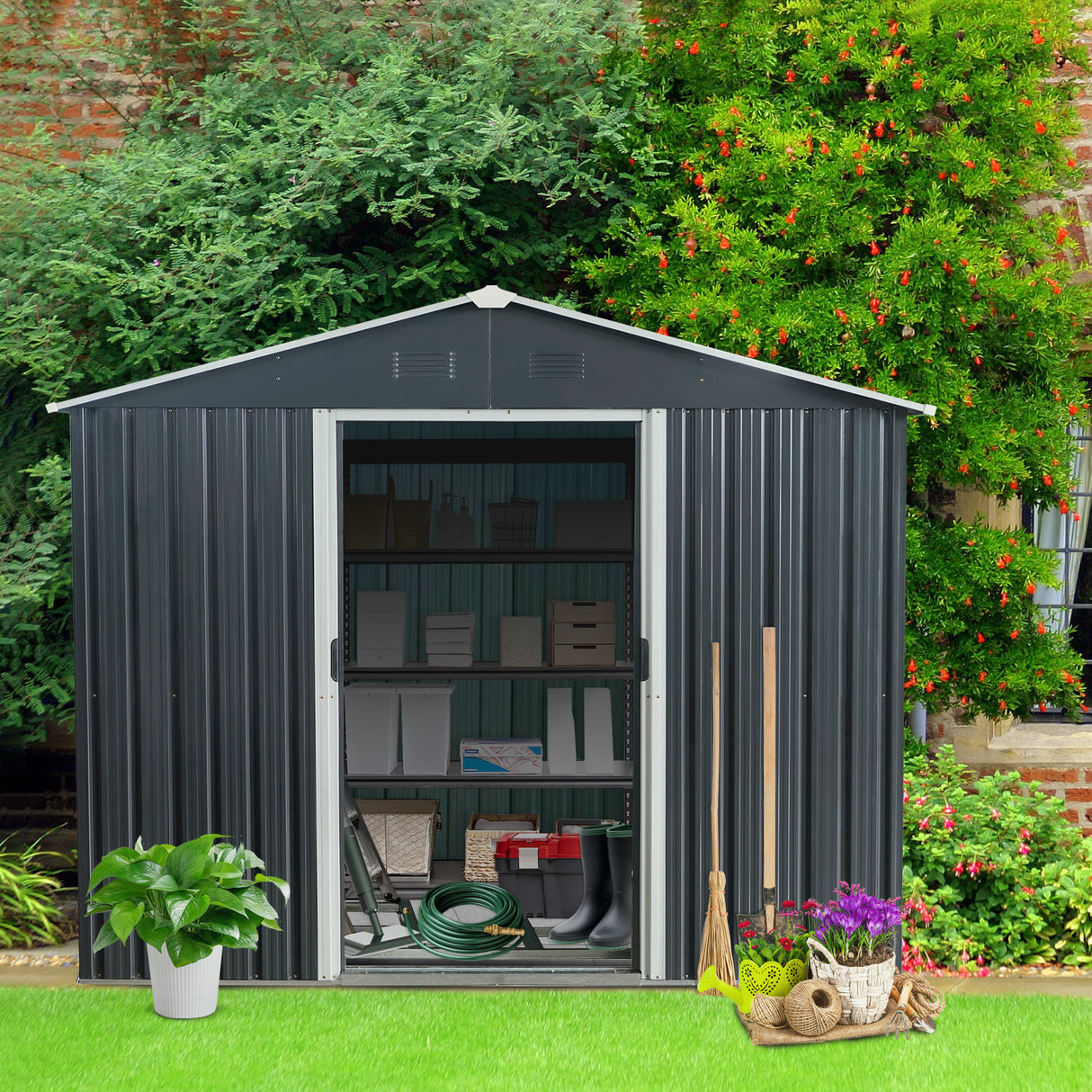 8ft x 10ft Outdoor Metal Storage Shed with Floor Base Black - V.I.P Digital Presence
