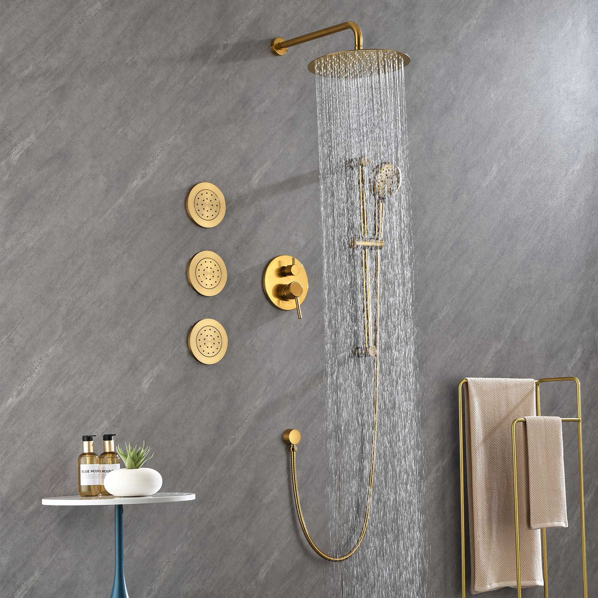 Shower System with Shower Head Hand Shower Slide Bar Bodysprays, Shower Arm Hose Valve Trim and Lever Handles - V.I.P Digital Presence