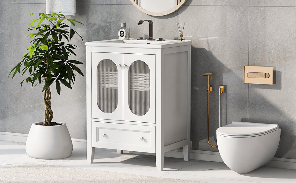 24" Bathroom Vanity with Sink, Bathroom Vanity Cabinet with One Drawer and Doors, Adjustable Shelf, Solid Wood and MDF, White - V.I.P Digital Presence