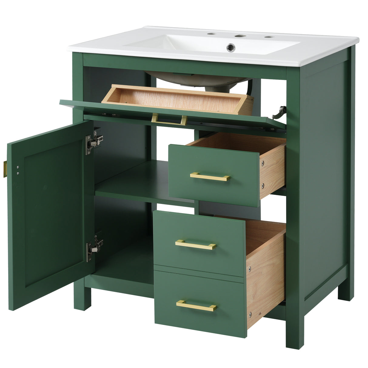 30-Inch Green Bathroom Vanity with Ceramic Sink and Ample Storage - Ideal Choice for Small Bathrooms - V.I.P Digital Presence